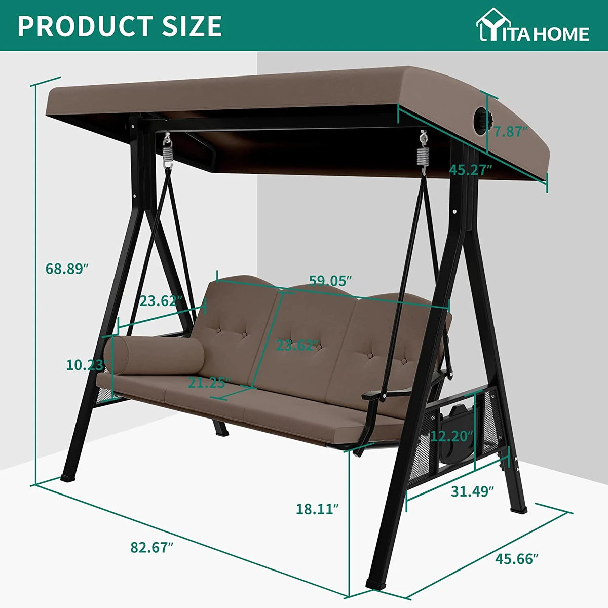 3 Person Outdoor Patio Swing Chair with Adjustable Canopy and Cushion P345