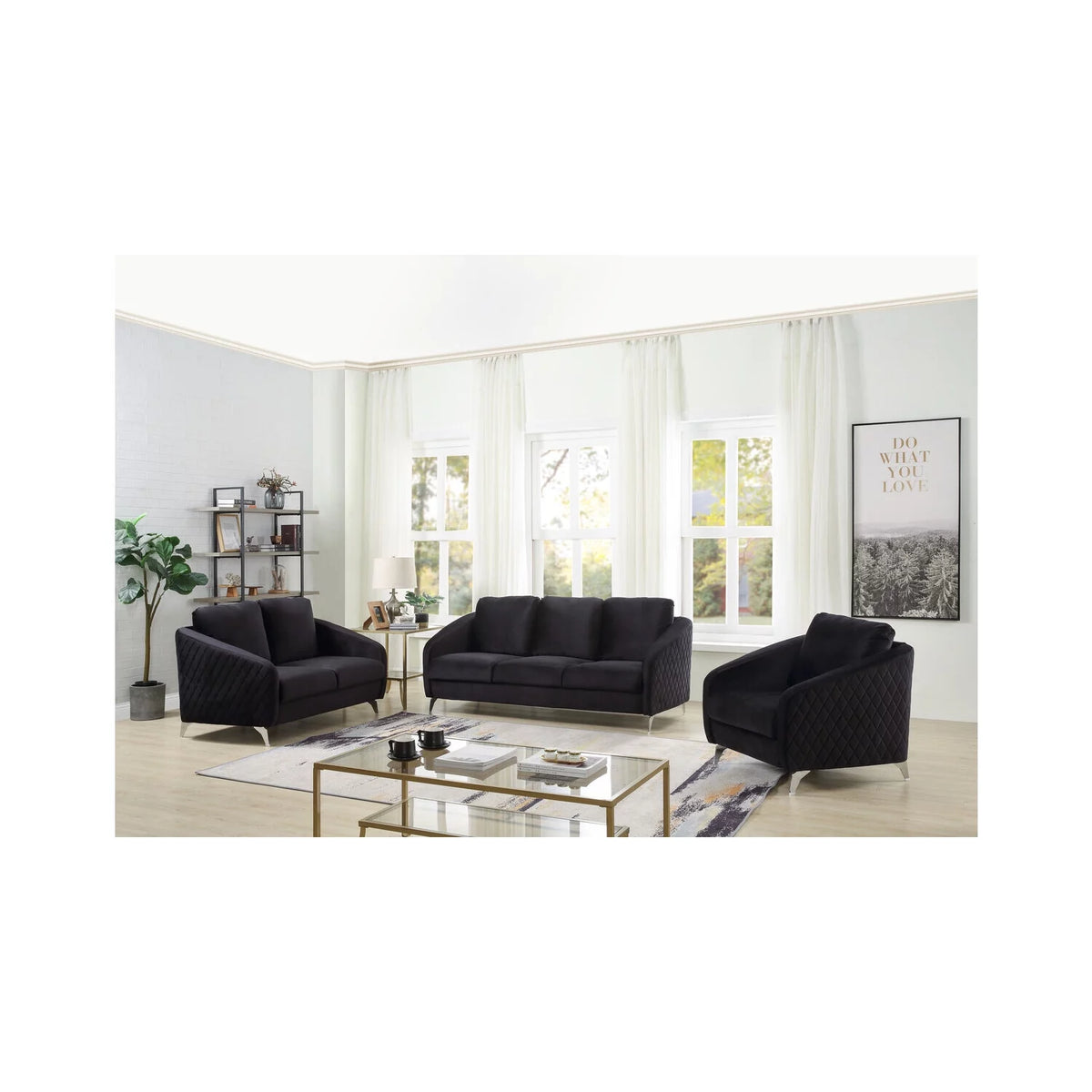 Black Velvet Fabric Sofa Loveseat Chair Living Room Set X793995