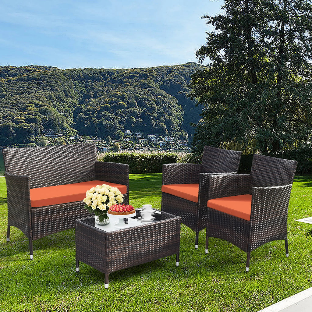 4 Pc Patio Rattan Conversation Furniture Set with Orange Cushion G561438