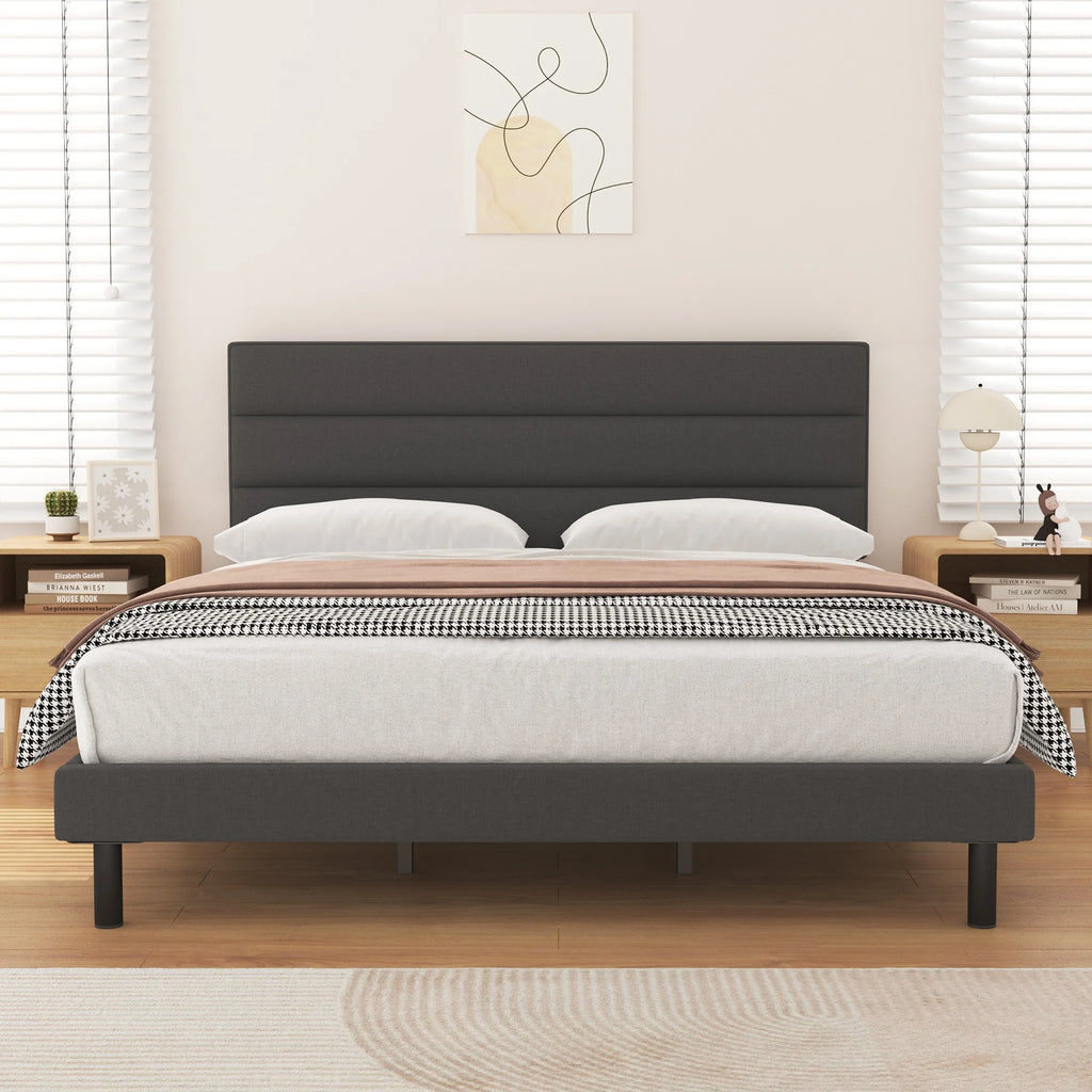 Queen Size Wingback Fabric Upholstered Platform Bed Frame D29751