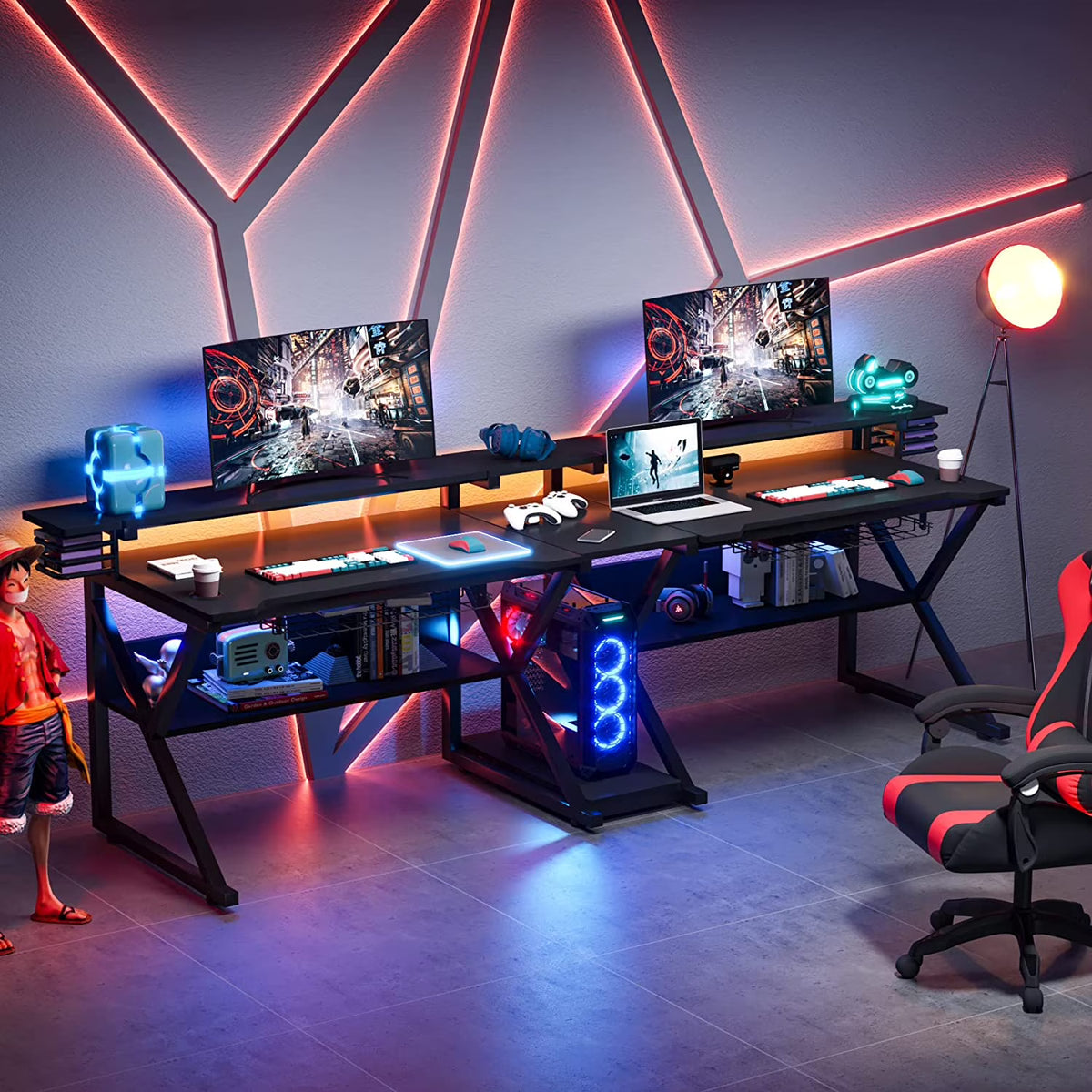 Double Gaming Desk with Hutch Monitor Stand Riser, 102-Inch Two Person Computer Desk with Storage Bookshelf P558523
