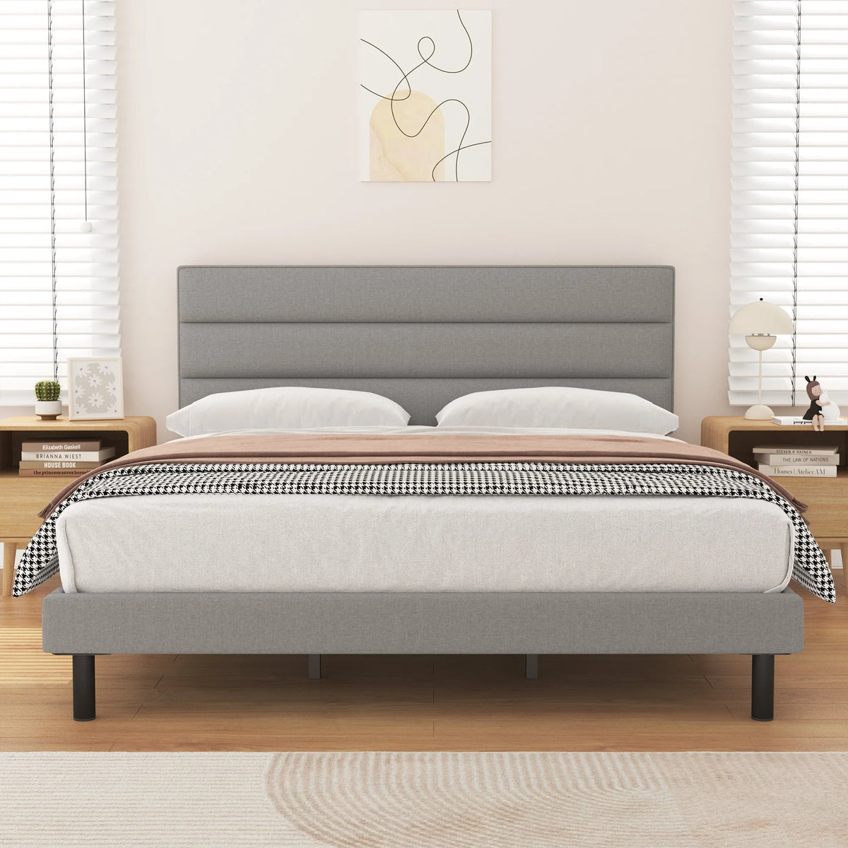 Queen Size Wingback Fabric Upholstered Platform Bed Frame D29751