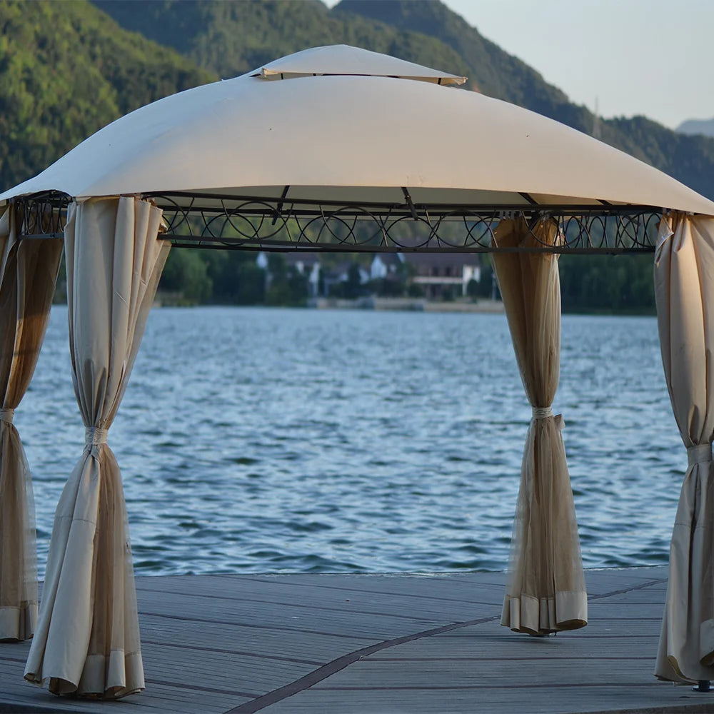 Beige 12x10ft Outdoor Hardtop Gazebo with Mosquito Netting T82626