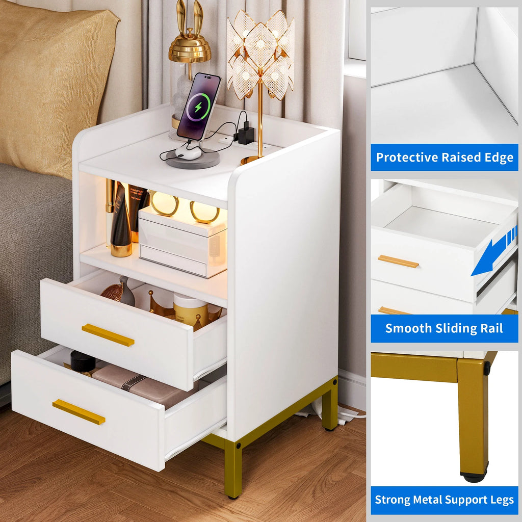 White 3 Drawer Side Table with Charging Station R3198