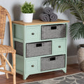 Oak Brown and Mint Green Wood 3-Drawer Storage Unit with Baskets U122