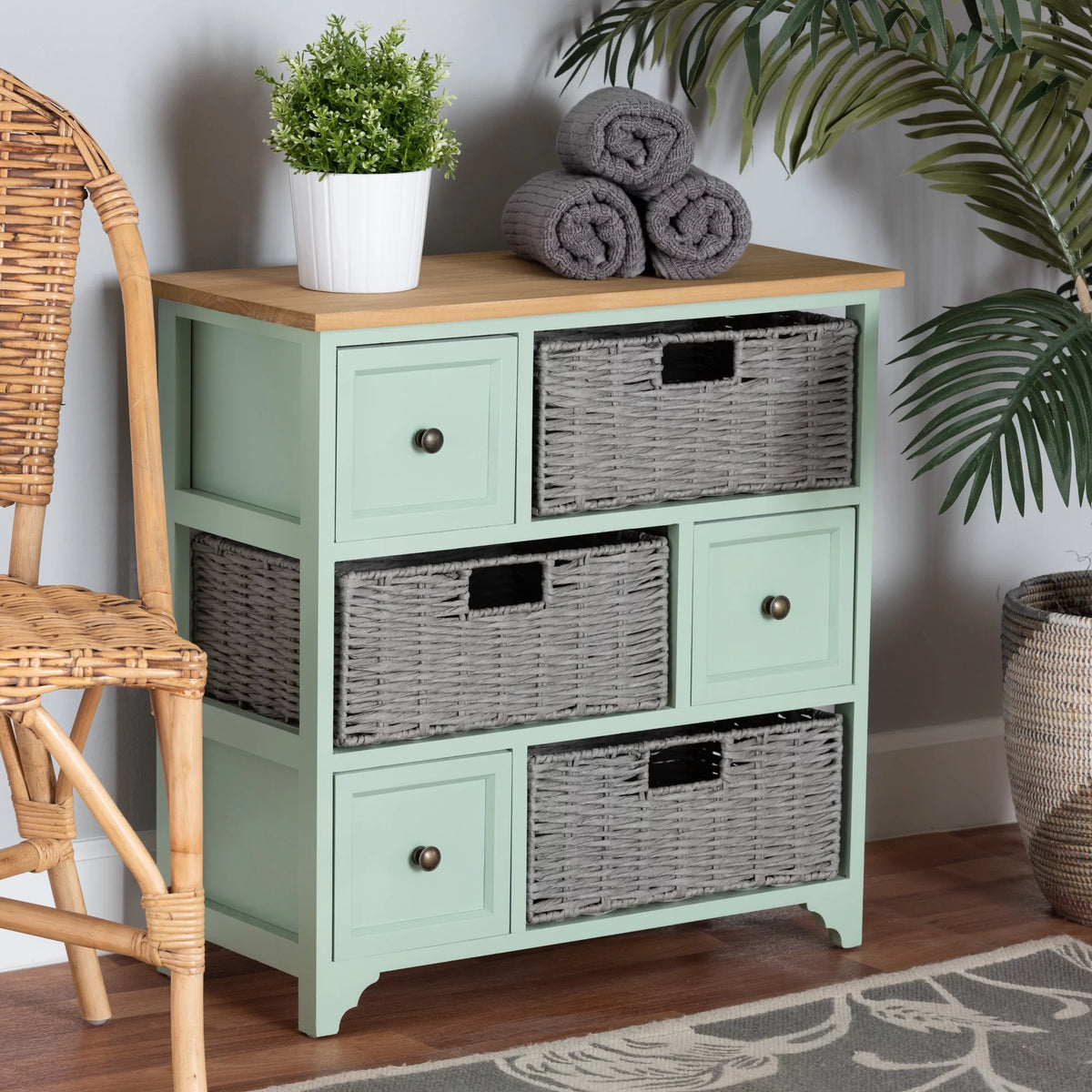 Oak Brown and Mint Green Wood 3-Drawer Storage Unit with Baskets U122